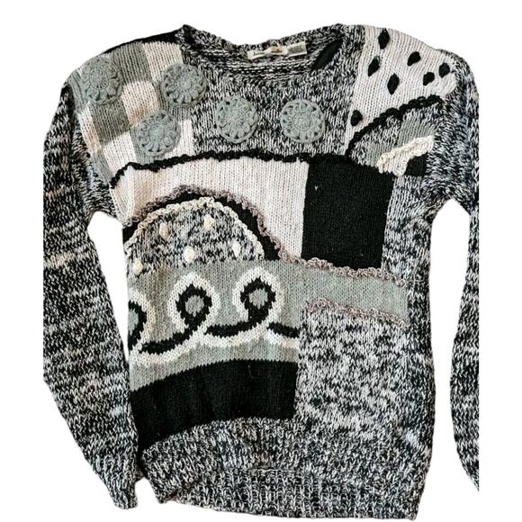 Vintage 80s Textured Sweater 3d Women S Black White Gray Stripe Ramie Knit Top - Picture 3 of 11